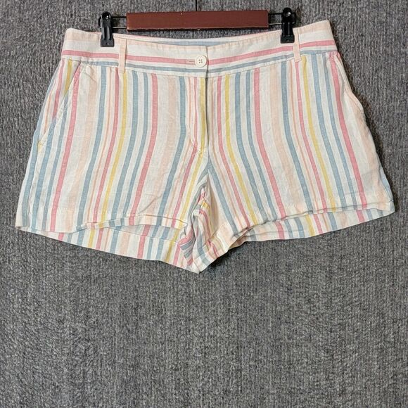 LOFT Outlet Shorts Womens 8 Blue Pink White Stripe Linen Blend  4" Inseam - Picture 1 of 11